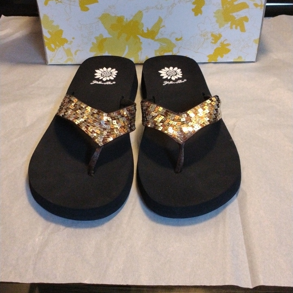 Silver, Gold and Brown Sequin Yellow Box Flip Flops